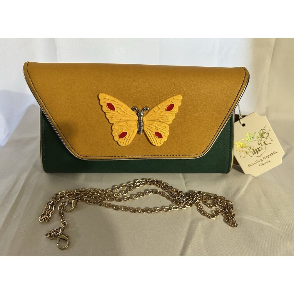 🖤Handbag Republic Classic Clutch W/Gold Crossbody Strap Butterfly Accent 2 Tone